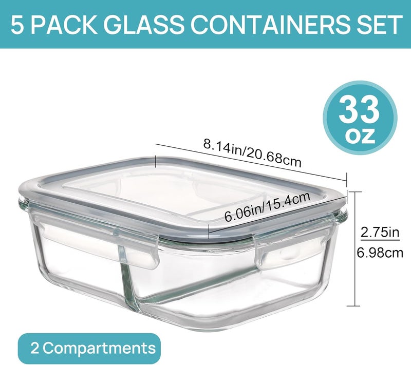Vtopmart 5Pack 33oz Glass Food Storage Containers with Lids, Meal Prep Containers 2 Compartments, Airtight Lunch Containers with Snap Locking Lids for Microwave, Oven, Freezer - Image 2