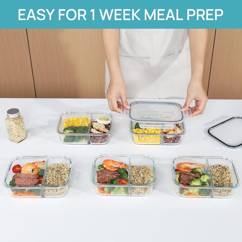 Vtopmart 5Pack 33oz Glass Food Storage Containers with Lids, Meal Prep Containers 2 Compartments, Airtight Lunch Containers with Snap Locking Lids for Microwave, Oven, Freezer - Image 4