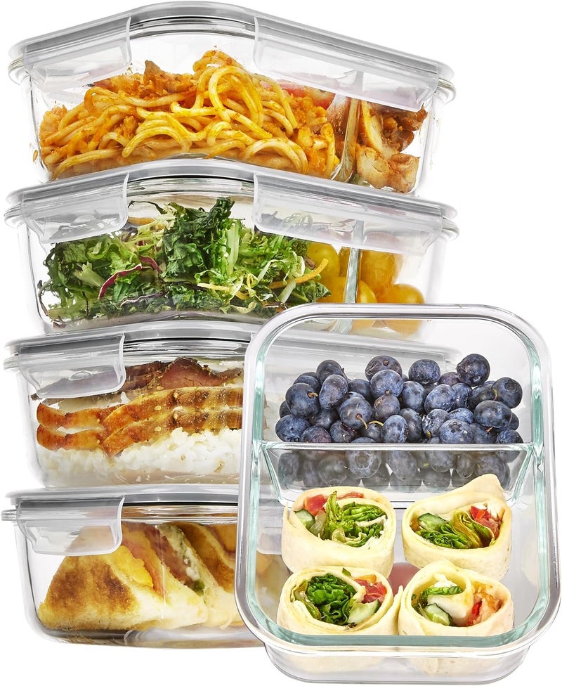 Vtopmart 5Pack 33oz Glass Food Storage Containers with Lids, Meal Prep Containers 2 Compartments, Airtight Lunch Containers with Snap Locking Lids for Microwave, Oven, Freezer - Image 1