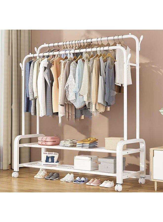 RollsTimi  Double Rods Clothes Rack With Wheels, Portable Clothing Rack With Shelves & Hooks, Heavy Duty Garment Racks for Hanging Clothes, Multi-Functional Closet Rack for Bedroom, White - Image 1