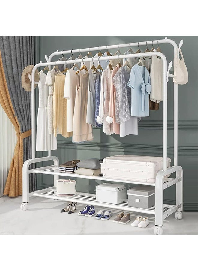 RollsTimi  Double Rods Clothes Rack With Wheels, Portable Clothing Rack With Shelves & Hooks, Heavy Duty Garment Racks for Hanging Clothes, Multi-Functional Closet Rack for Bedroom, White - Image 3