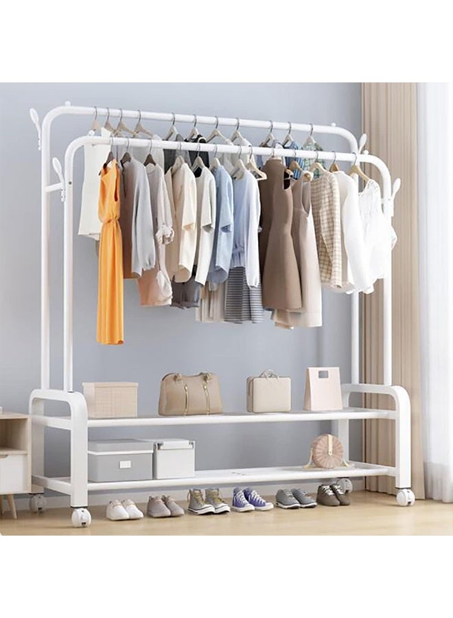 RollsTimi  Double Rods Clothes Rack With Wheels, Portable Clothing Rack With Shelves & Hooks, Heavy Duty Garment Racks for Hanging Clothes, Multi-Functional Closet Rack for Bedroom, White - Image 2