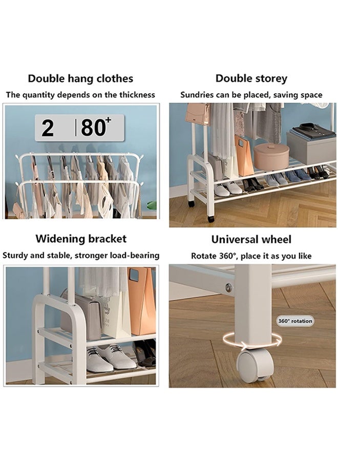 RollsTimi  Double Rods Clothes Rack With Wheels, Portable Clothing Rack With Shelves & Hooks, Heavy Duty Garment Racks for Hanging Clothes, Multi-Functional Closet Rack for Bedroom, White - Image 4
