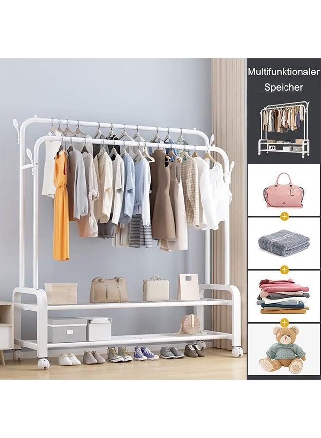 RollsTimi  Double Rods Clothes Rack With Wheels, Portable Clothing Rack With Shelves & Hooks, Heavy Duty Garment Racks for Hanging Clothes, Multi-Functional Closet Rack for Bedroom, White - Image 5