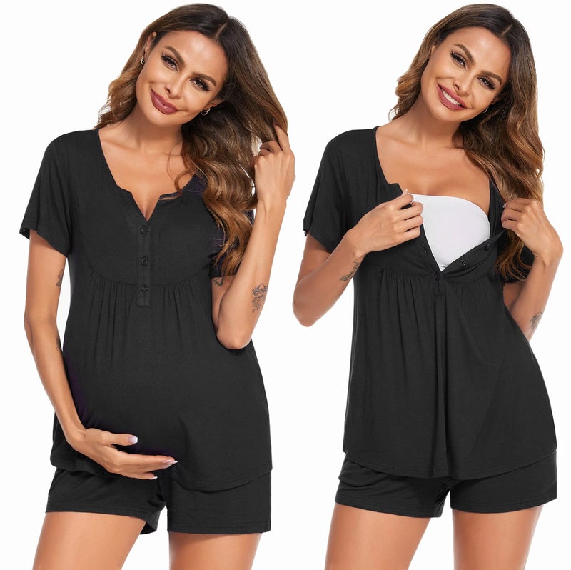 Ekouaer Women's Maternity Nursing Pajamas Shorts Set Summer Nursing Sets Soft Labor Delivery PJS(Black,Medium) - Image 1