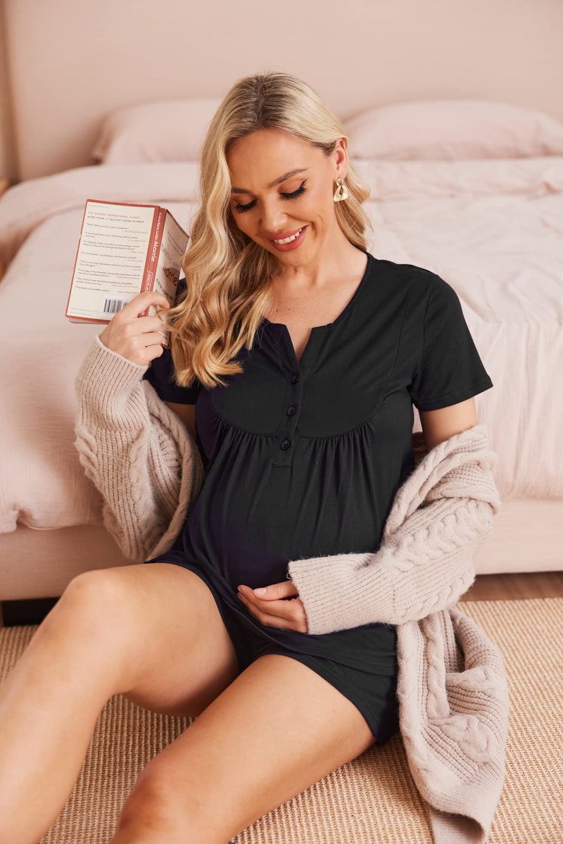 Ekouaer Women's Maternity Nursing Pajamas Shorts Set Summer Nursing Sets Soft Labor Delivery PJS(Black,Medium) - Image 5