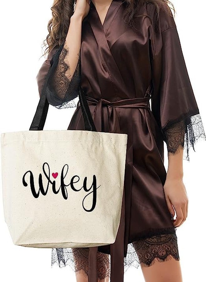 Metsi Canvas Tote Bag for Women, Wifey Design 17.2 x 14.5 Inch Zippered Reusable Shopping Tote, 12oz Large Bridal Gift Bag for Weddings, Parties, Bridesmaids, Travel, Multipurpose and Everyday Use - Image 2