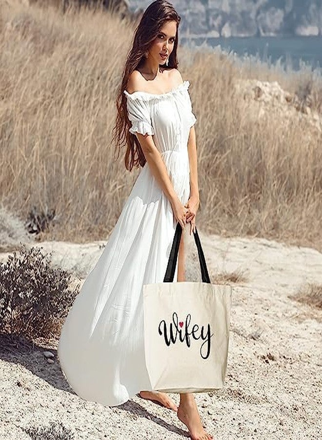 Metsi Canvas Tote Bag for Women, Wifey Design 17.2 x 14.5 Inch Zippered Reusable Shopping Tote, 12oz Large Bridal Gift Bag for Weddings, Parties, Bridesmaids, Travel, Multipurpose and Everyday Use - Image 3
