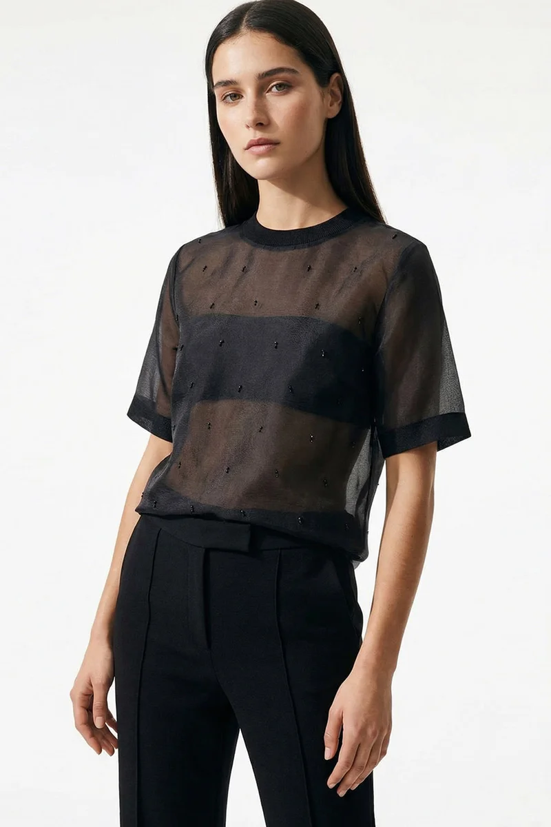 Exquise Beaded Crew Neck Short Sleeve Regular Blouse