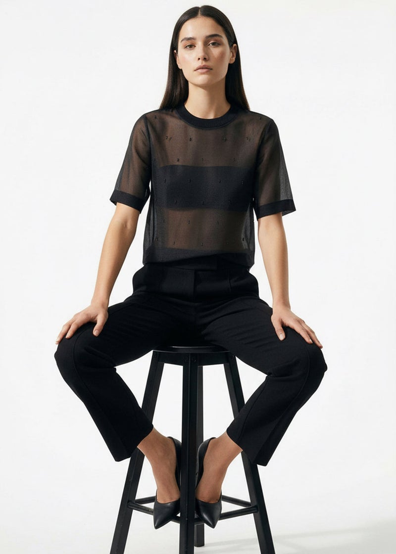 EXQUISE Beaded Crew Neck Short Sleeve Regular Blouse - Image 4