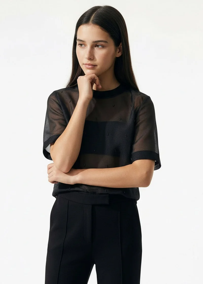 Exquise Beaded Crew Neck Short Sleeve Regular Blouse