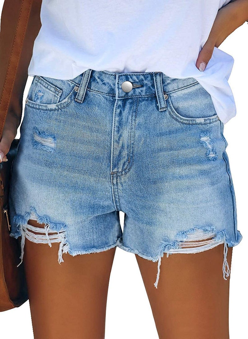 ZOLUCKY Jean Shorts for Women Ripped Denim Shorts Frayed Raw Hem Mid Waisted Shorts for Summer Light Blue M - Image 2