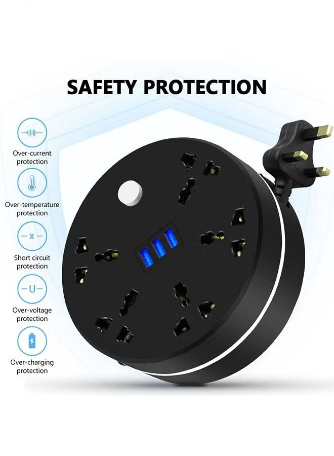 Power Strip, 5 Outlets and 3 USB Ports 2m Extension Cord, Round Socket Overload Surge Protector, 100% Copper Core, Mini Plug Charging Station, Compact for Office, Home, Travel (Black) - Image 5