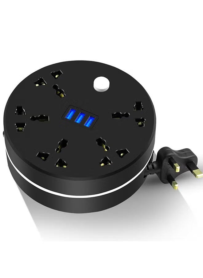 Power Strip, 5 Outlets and 3 USB Ports 2m Extension Cord, Round Socket Overload Surge Protector, 100% Copper Core, Mini Plug Charging Station, Compact for Office, Home, Travel (Black) - Image 1