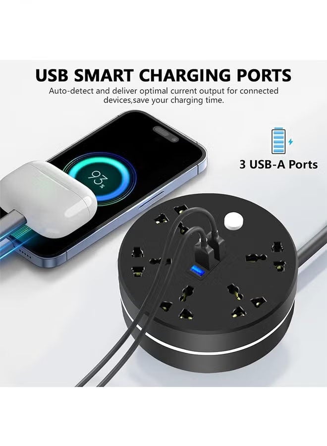 Power Strip, 5 Outlets and 3 USB Ports 2m Extension Cord, Round Socket Overload Surge Protector, 100% Copper Core, Mini Plug Charging Station, Compact for Office, Home, Travel (Black) - Image 2