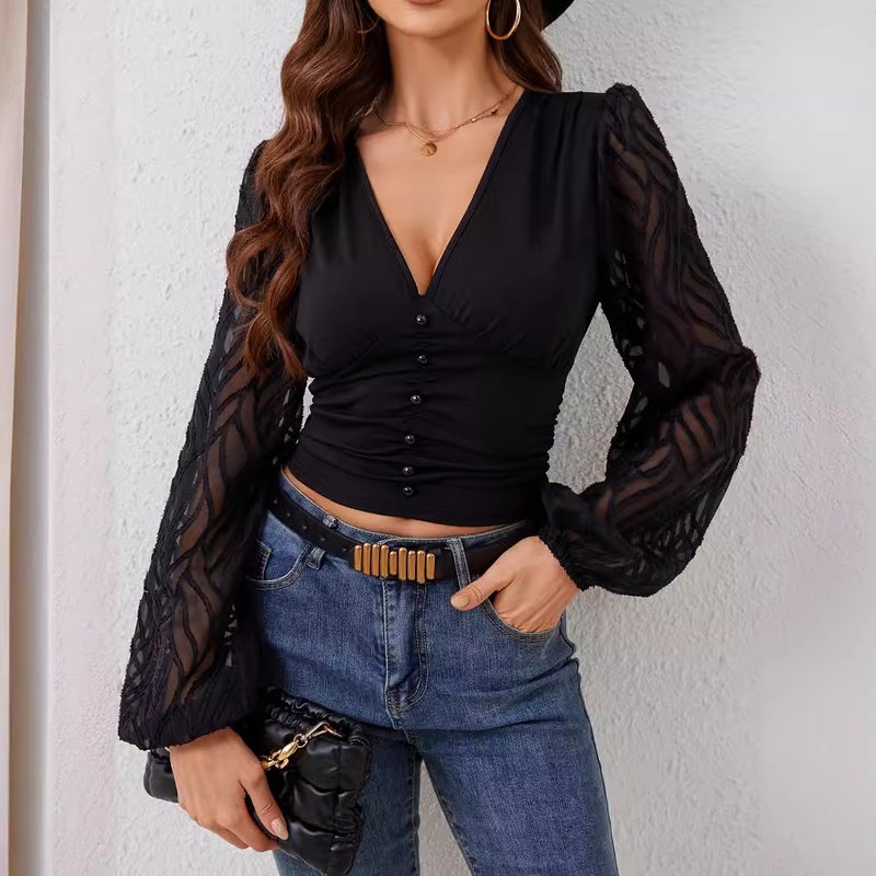 Women's Chiffon Lantern Sleeve V-Neck T-Shirt - Image 1