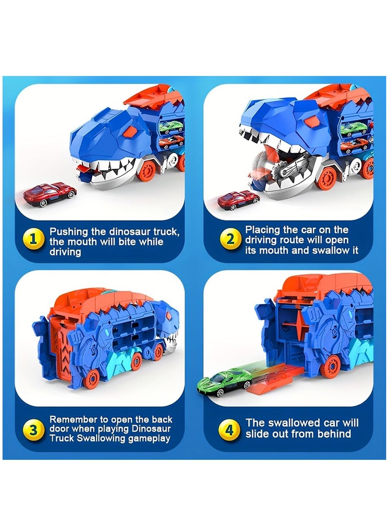 City Dinosaur Ultimate Hauler Track Toy, Transforms into Stomping Dinosaur with Race Track Ultimate Transporter Hauler Toddler Toys Gifts for Kids Ages 3 4 5 6 Years Old(4 Cars)
