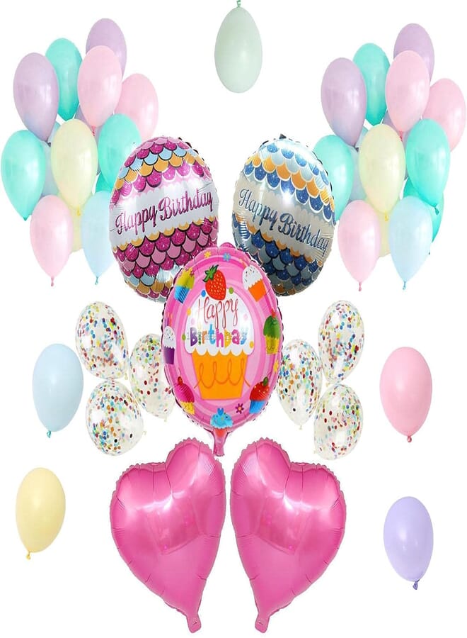 Secret happy birthday round balloons set pastels balloons confetti mix