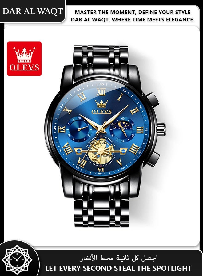 أوليفز ساعة OLEVS للرجال – مضيئة ومجوفة، كوارتز، موديل 2859، هيكل فولاذي أسود، ميناء أزرق، مقاومة للماء - Image 1