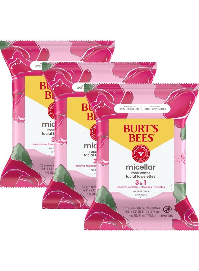 بيرتس بيز هدايا بيرتس بيز، مناديل وجه بماء الورد، لجميع أنواع البشرة، مزيل مكياج ميسيلار مرطب ومناديل تنظيف الوجه، هدايا للعناية بالبشرة في عيد الميلاد، 30 قطعة (عبوة من 3 قطع) - Image 1