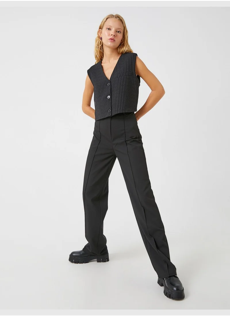 كوتون Wide Leg Trousers High Waist Ribbed