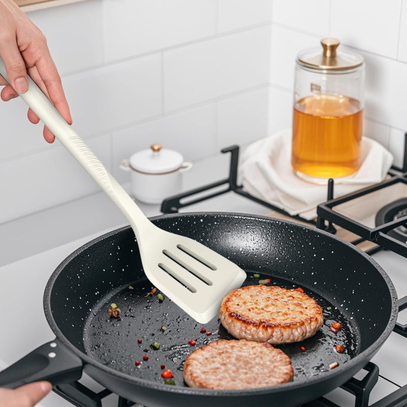 USECANO Silicone Cooking Utensils Set - 600Â°F Heat Resistant, Nonstick Kitchen Utensil Set with Spatulas, Spoons, Whisk, Tongs, BPA Free, Dishwasher Safe, Cream White - Image 4