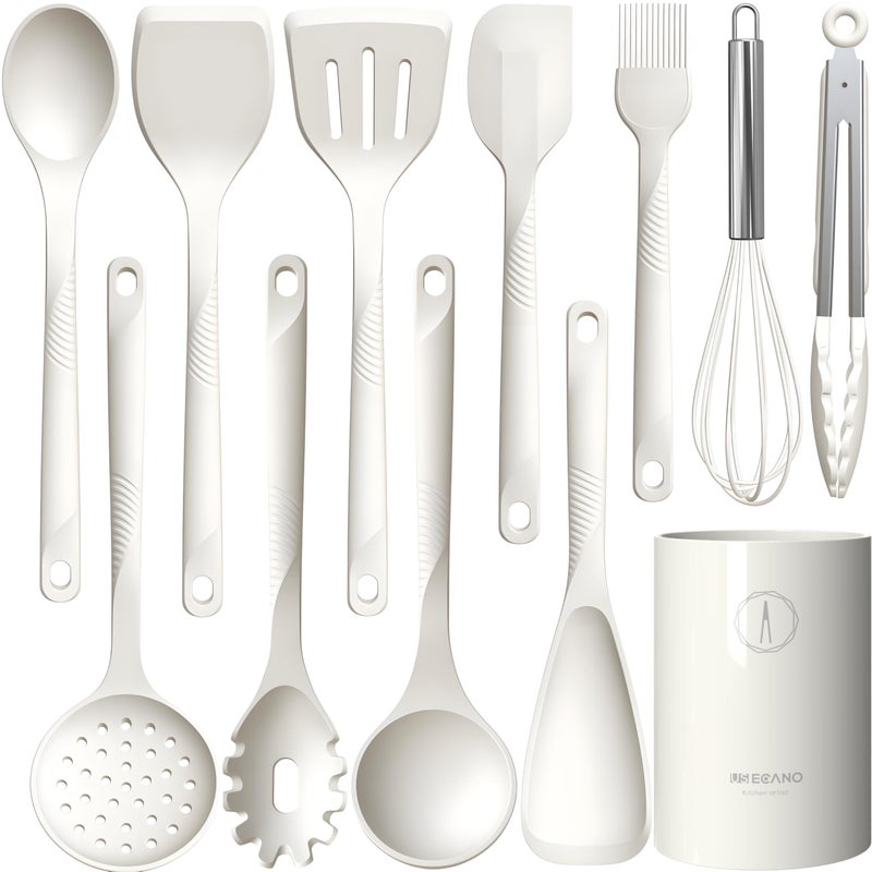 USECANO Silicone Cooking Utensils Set - 600Â°F Heat Resistant, Nonstick Kitchen Utensil Set with Spatulas, Spoons, Whisk, Tongs, BPA Free, Dishwasher Safe, Cream White - Image 1