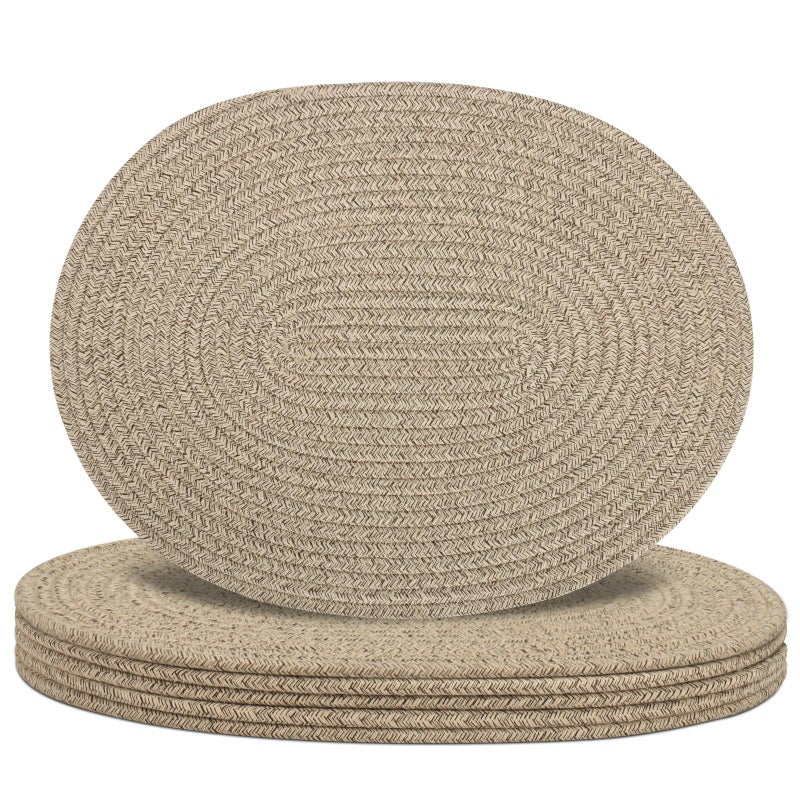 Jukercici Oval Woven Placemats Set of 6, Boho Cotton Rope Braided Table Mats, 17x13 Inches Non Slip Heat Resistant Place Mats for Dining Room, Thick Hot Pads for Farmhouse Kitchen Table Decor. (Brown) - Image 1