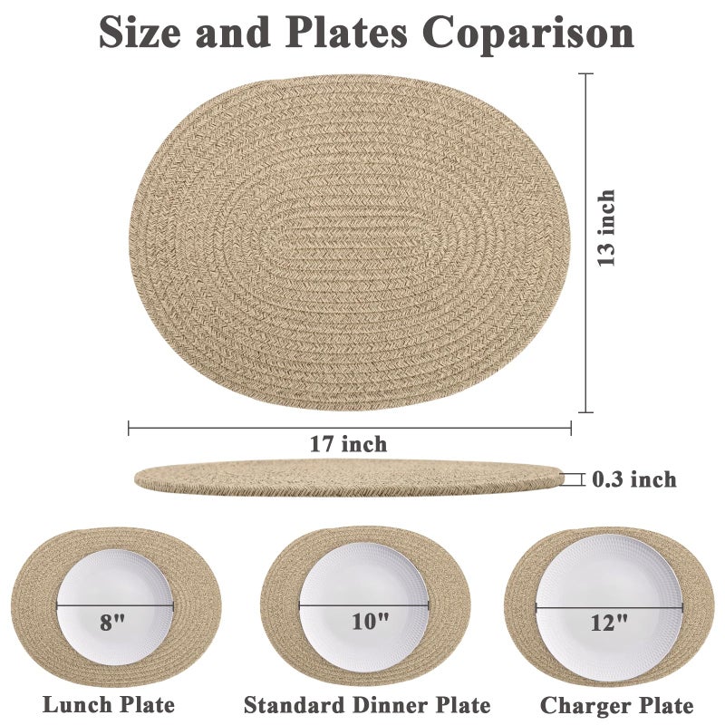 Jukercici Oval Woven Placemats Set of 6, Boho Cotton Rope Braided Table Mats, 17x13 Inches Non Slip Heat Resistant Place Mats for Dining Room, Thick Hot Pads for Farmhouse Kitchen Table Decor. (Brown) - Image 2