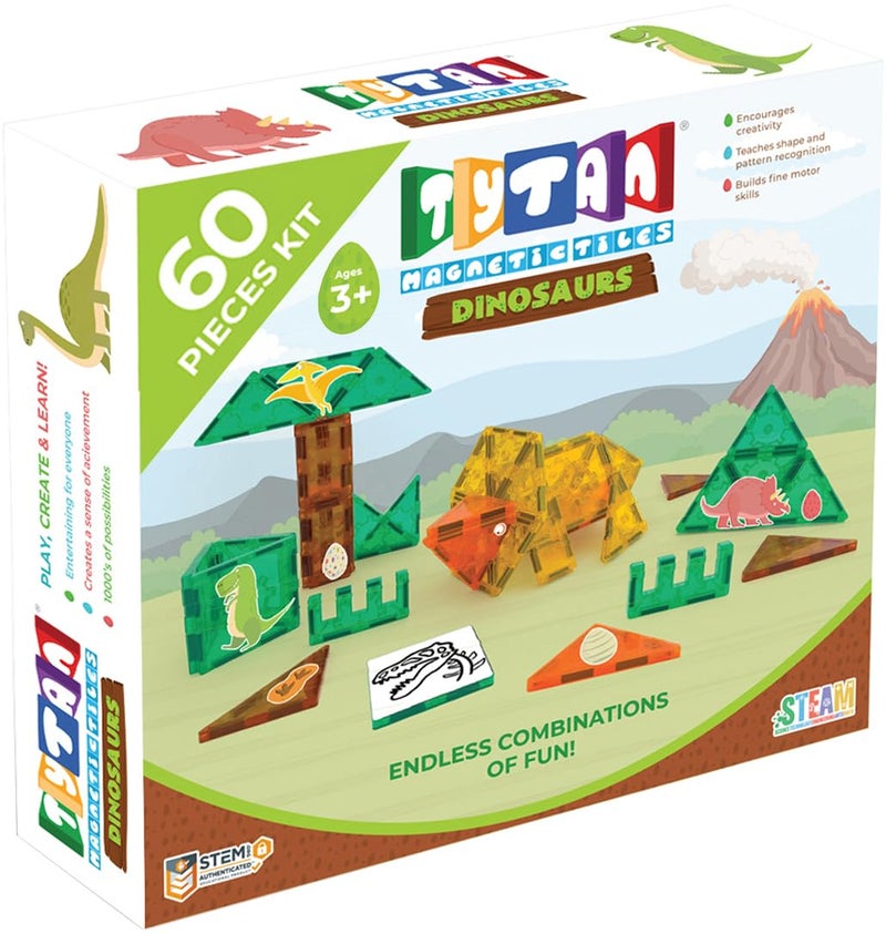 Tytan TILES Dinosaurs 60-Piece Magnetic Tiles Building Set  Dino Safari Land Kids STEM Toy  Creative Play  Shape & Pattern Recognition  Fine Motor Skills  includes Storage Bag  Ages 3 and Up - Image 1