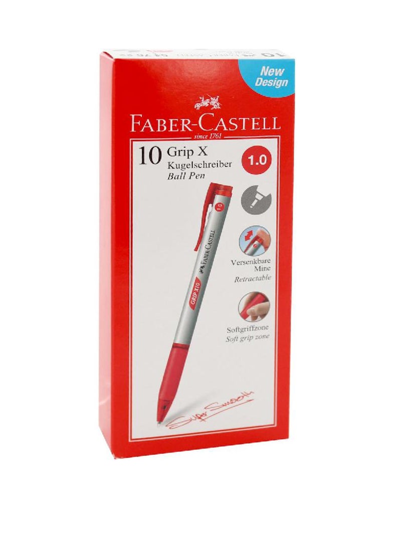 FABER-CASTELL - Grip X10 Dry Ink Pen Red Ink Color 1mm Ballpoint 10 Pieces - Image 1