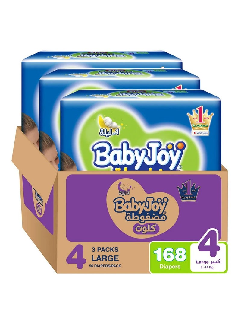 Baby Joy BabyJoy Compressed Culotte Pant Style Diapers, 168 Pieces, Size 4 Large, 9-14kg, 12 Hours Leakproof Protection, Soft Cotton Touch, Wide Barriers 