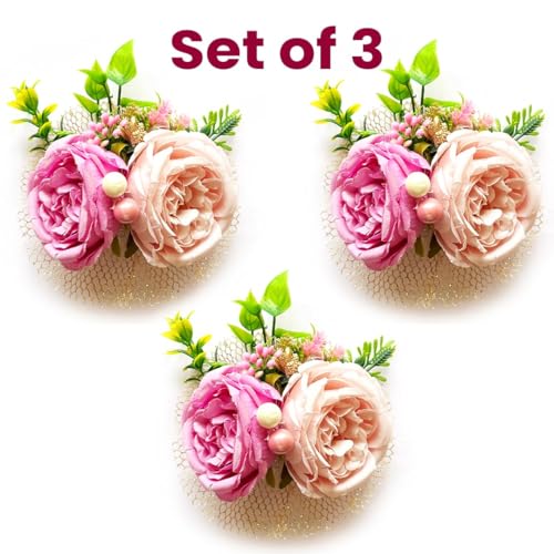 ADIKALA™ Handmade Artificial Cabbage Roses Grass Filler Bunch for Trousseau Packing, Ready to use Flower Brooch Hamper for Decoration, Gift Wrapping Flowers (3, Pink) - Image 2