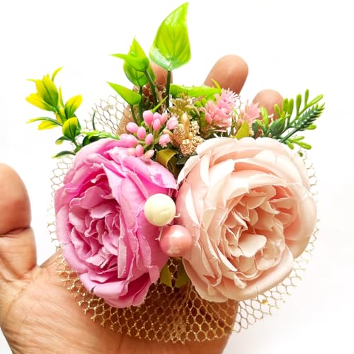 ADIKALA™ Handmade Artificial Cabbage Roses Grass Filler Bunch for Trousseau Packing, Ready to use Flower Brooch Hamper for Decoration, Gift Wrapping Flowers (3, Pink) - Image 1