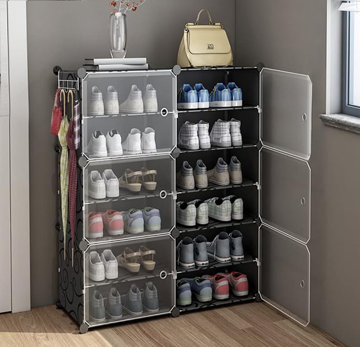 Zemic DIY Shoe Rack OrganizerMultiPurpose Shoe Storage Cabinet with Door Expandable Plastic 12 Layers Portable and Folding Speed Powerful Shoe Rack Black