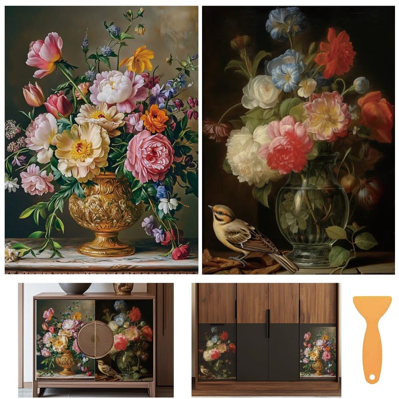BEUNITONE 6 Sheets Large Flower Rub on Transfers for Furniture Vintage Floral Rub on Transfer Sticker for DIY Crafts Bird Iod Transfers Stickers for Wood Dresser Glass Window Decals Waterproof 6"x12" - Image 1