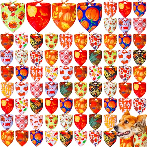 Locmeo 100 Pcs Fall Dog Bandanas Bulk Autumn Thanksgiving Day Dog Bandanas Adjustable Pumpkin Maple Leaves Pattern Pet Bibs Triangle Fall Thanksgiving Scarf Costume for Small Medium Pet PuppyM - Image 1