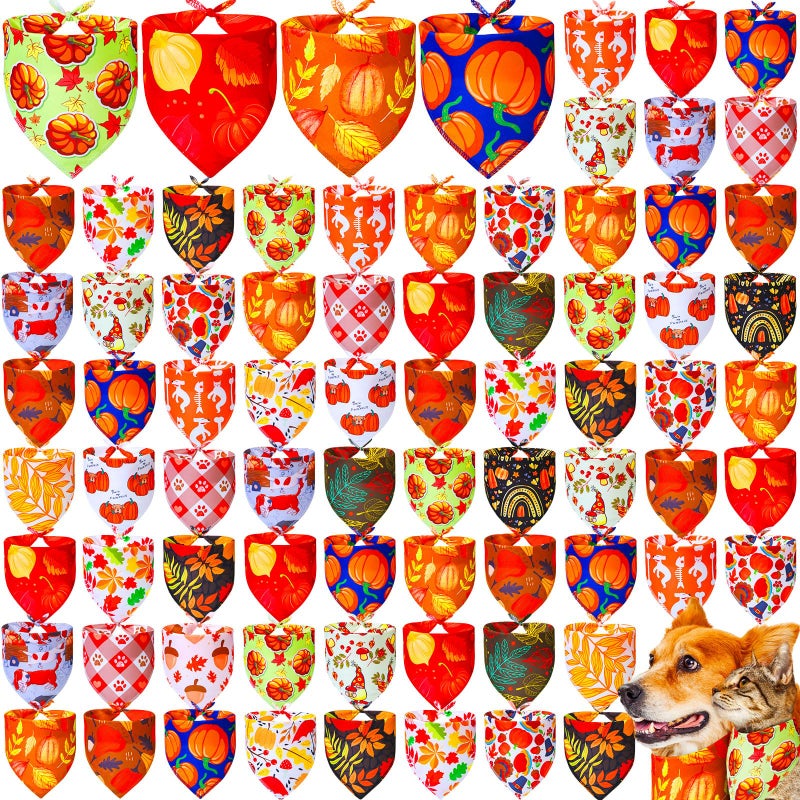 Locmeo 100 Pcs Fall Dog Bandanas Bulk Autumn Thanksgiving Day Dog Bandanas Adjustable Pumpkin Maple Leaves Pattern Pet Bibs Triangle Fall Thanksgiving Scarf Costume for Small Medium Pet PuppyM - Image 2