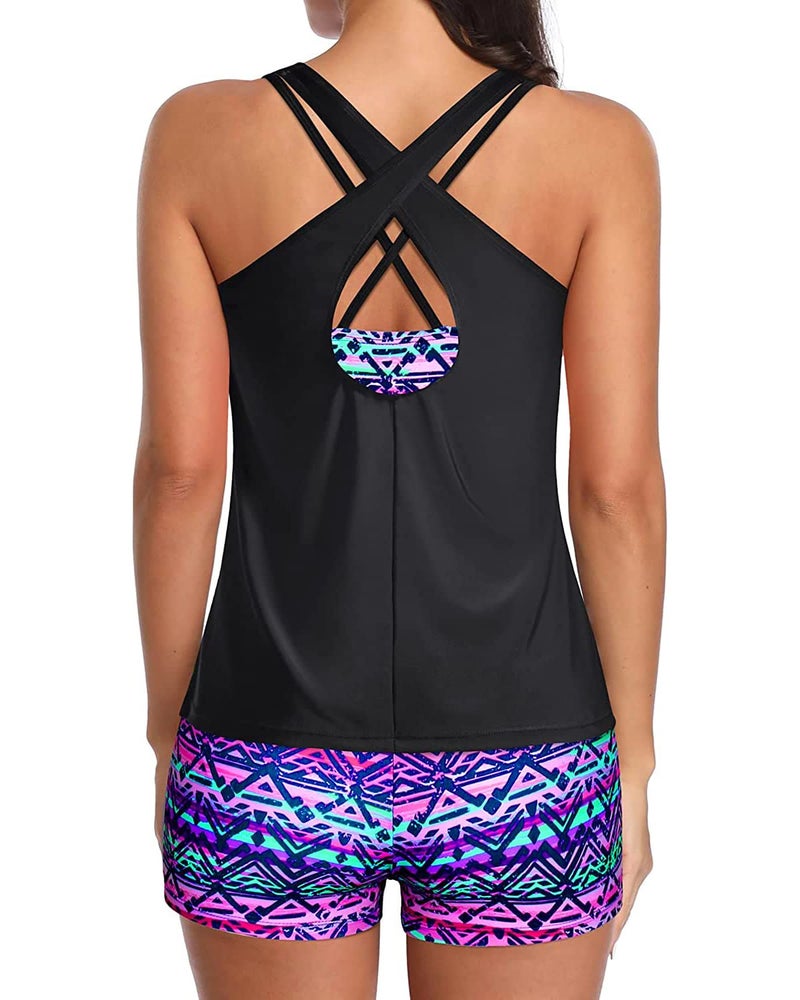 Holipick Tribal 3 Piece Tankini Swimsuits for Women Tummy Control Bathing Suits Swim Tank Top with Bra Boy Shorts Teen Swimwear M - Image 3