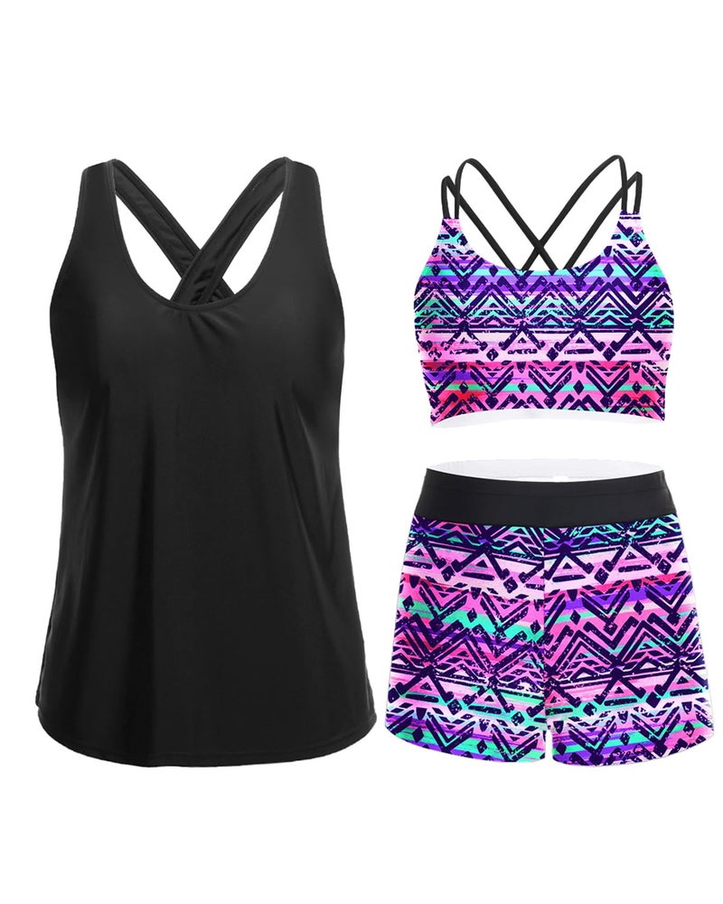 Holipick Tribal 3 Piece Tankini Swimsuits for Women Tummy Control Bathing Suits Swim Tank Top with Bra Boy Shorts Teen Swimwear M - Image 1