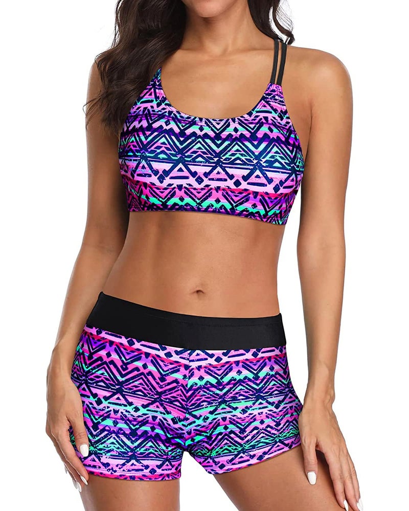 Holipick Tribal 3 Piece Tankini Swimsuits for Women Tummy Control Bathing Suits Swim Tank Top with Bra Boy Shorts Teen Swimwear M - Image 4