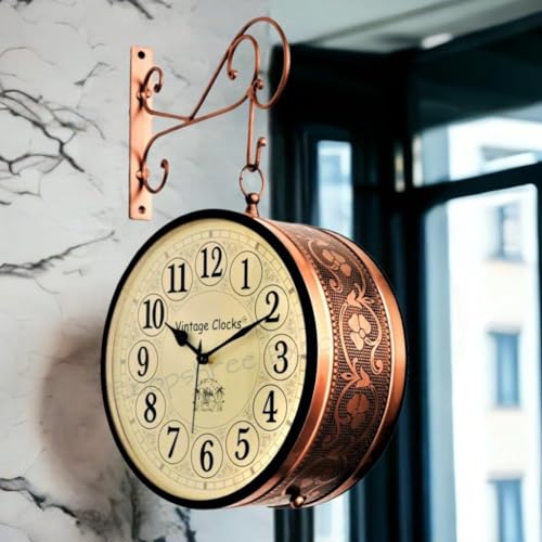 Vintage Clock Iron Handcrafted Double Side Clock With English Numbers (8 Inches Size Rose Gold Finish Floral Design Vc-65471), Analog - Image 1