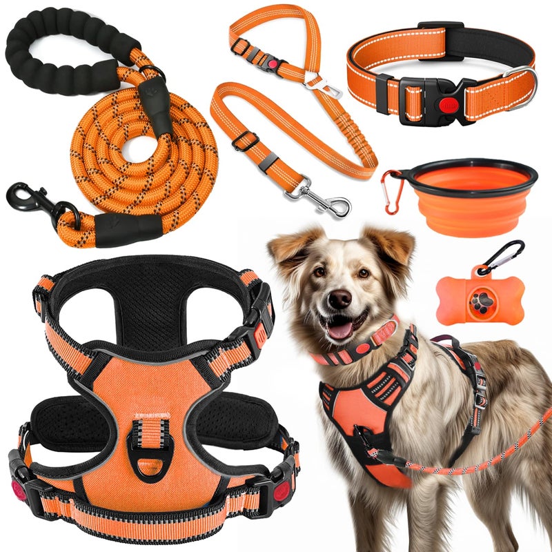 LOBEVE No Pull Dog Harness, Collar & Leash Set | Includes Dog Seat Belt, Collapsible Bowls & Poop Bag Dispenser. Ideal for Training, Walking, Hiking. Fits Small to Large Dogs(Orange-XL) - Image 1