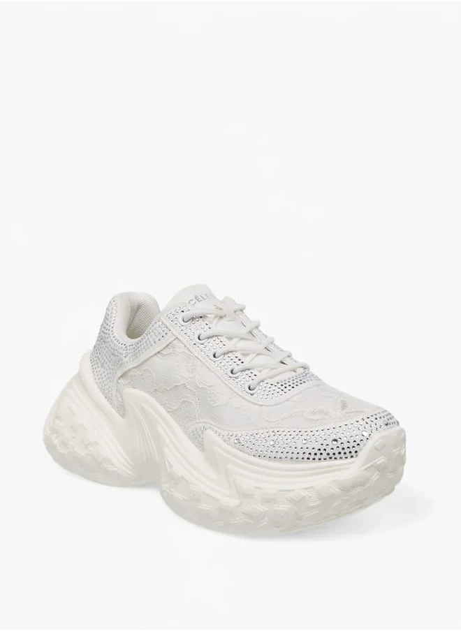 سيليست Womens Embellished Sneakers With Lace-Up Closure