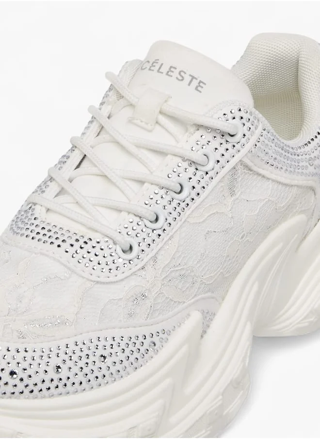 سيليست Womens Embellished Sneakers With Lace-Up Closure