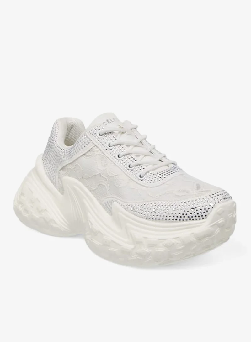 Celeste WHITE Womens Embellished Sneakers With Lace-Up Closure for Women | Best Price UAE
