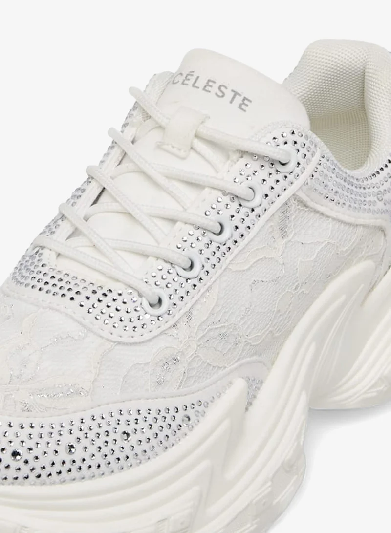 Celeste WHITE Womens Embellished Sneakers With Lace-Up Closure for Women | Best Price UAE