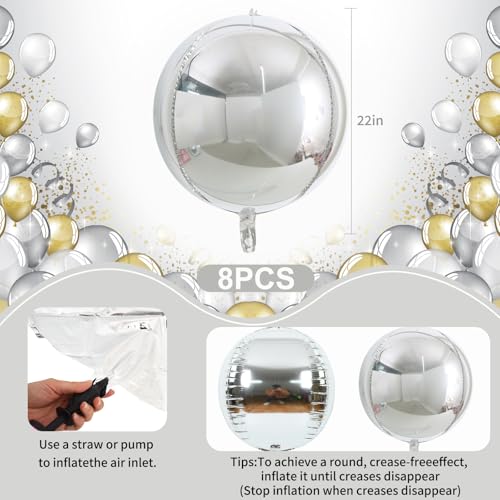 TONIFUL 8Pcs Large Silver 4D Giant Round Foil Balloon 22inch Big Mirror Metallic Mylar Sephere Balloons for Christmas New Year Birthday Party Graduation Wedding Bridal Shower Decoration Supplies - Image 5