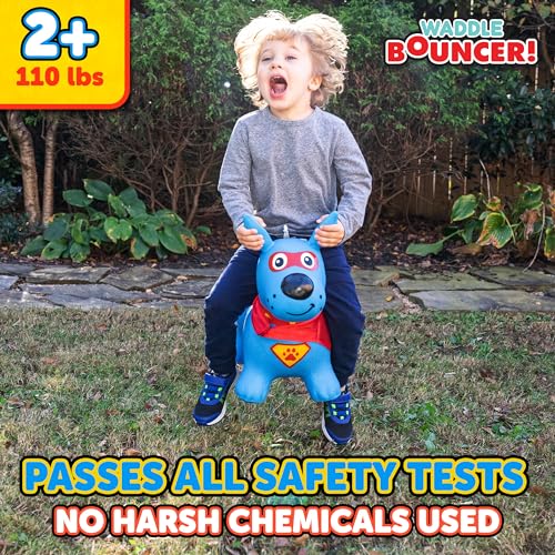 Waddle Bouncy Animal Hopper - Inflatable Hopping Animals, Indoors and Outdoors Fun, Pump Included, Riding Toys for Boys and Girls Ages 2 Years and Up, Blue Super Hero Dog - Image 4