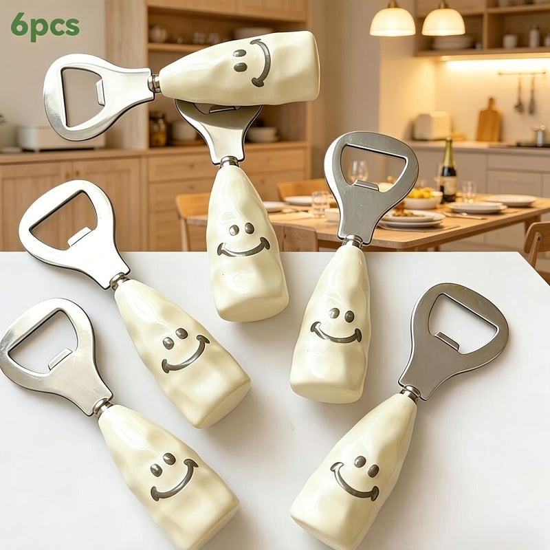 Set Of 6 Joyful Face Bottle Openers Imitation Ceramic Wine Beer Opener For Home Bar - Image 2